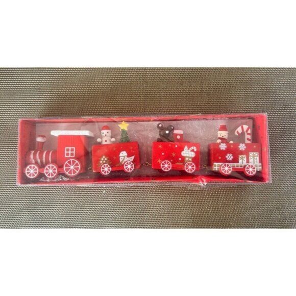 Christmas Vintage Wooden Train Ornament Santa Snowman Reindeer Festive Red Box - Picture 1 of 2